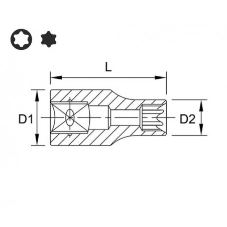 Prese e accessori E-TORX 1/2", E20, socket type: short, length 38mm